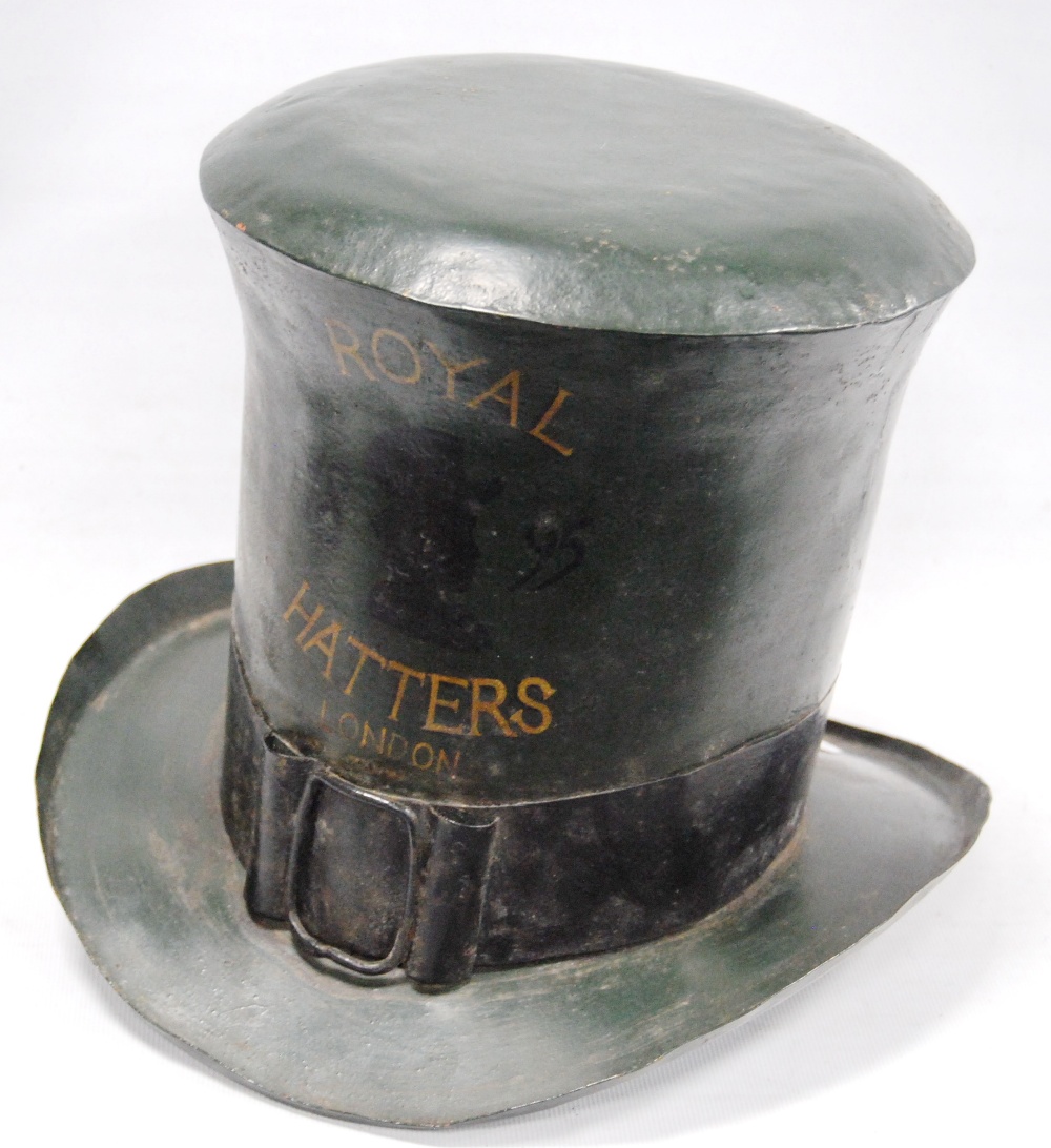 Toleware trade sign in the form of a top hat, inscribed 'Royal Hatters ...