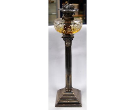 Edwardian EP Corinthian column and glass table lamp, lacking shade, 64cm high.