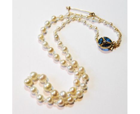 Necklet of certificated natural pearls on diamond and synthetic sapphire snap.   Condition Report  There are some colour vari