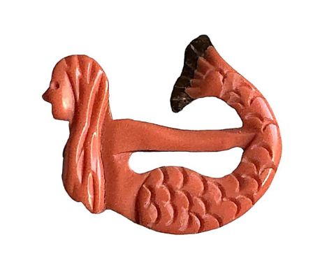 1 Large 20th century Bakelite over wood laminated button. Here is a cool carved salmon colored Bakelite Mermaid laminated to 