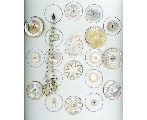 18 S/M/L 19th/20th century pearl buttons including Bethlehem. Here is a card of white pearl buttons including a wonderful rea