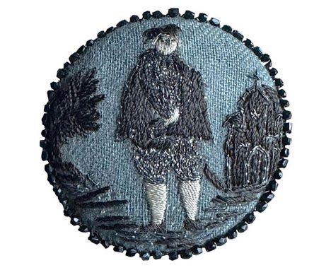1 Large 18th century embroidered fabric male figure button. This incredible button from the 18th century was all hand made an