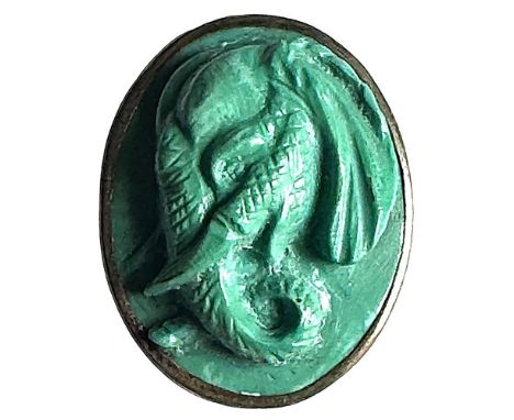 1 Medium carved CHRYSOCOLLA stone set in a silver mounting. Often thought by many to be Turquoise as they have a similar look