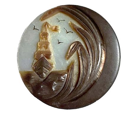 1 Large 19th C. thick and detailed design of a sailing vessel. This is a beautifully made carved pearl button depicting a sai