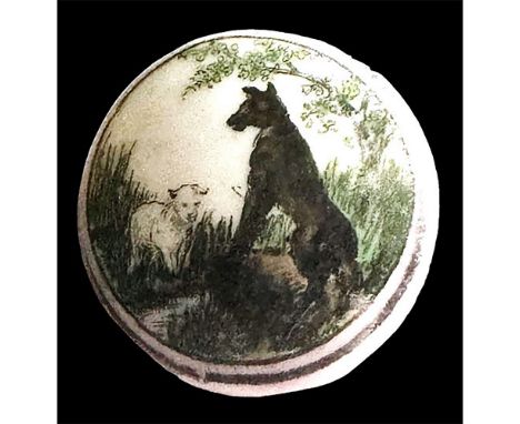1 Large 19th century colored porcelain Fable button. These Fables like this porcelain are not common and this detailed exampl