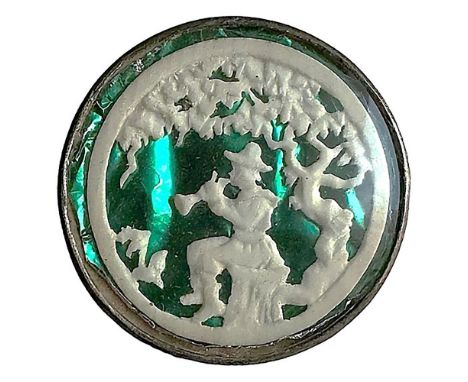 1 Large 20th century hand carved scene under glass button. The buttons like this one are reminiscent of the 18th century hand