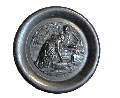 1 Large 19th century example of a couple at the well. This detailed black dyed molded pictorial horn button is a hard to find