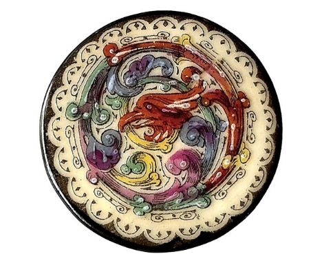 1 Large late 19th century coiled dragon button. Here is a wonderful porcelain button with a fabulous animal transfer and hand