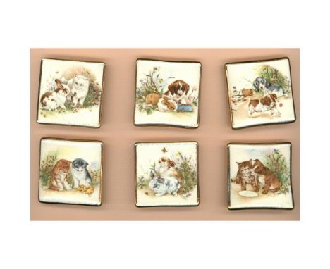 6 big large 20th C. Rzanski Satsuma examples of DOGS &amp; CATS. This nice card is for 6 big square buttons made by the late 