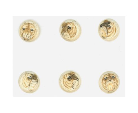 6 Medium early 20th century examples of animals in a set. This set of 6 natural material buttons are hand carved in low relie