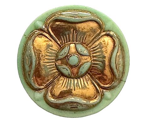 1 :large 20th century BIMINI glass button of the Tudor Rose. This beautiful example in a vibrant color depicts the Tudor Rose