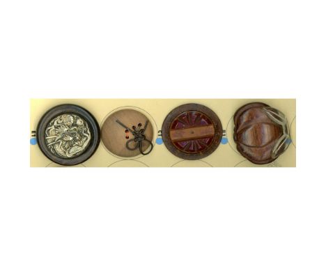 4 big large 19th &amp; 20th century buttons including pictorial. Here is a small card with some great wood buttons in it, One