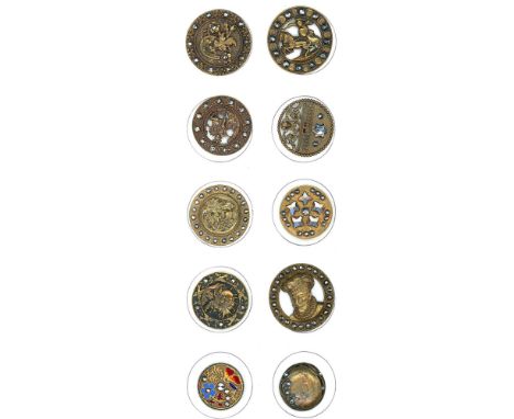 10 Medium and large 19th century examples including pictorial. This partial card includes several pierced brass picture butto