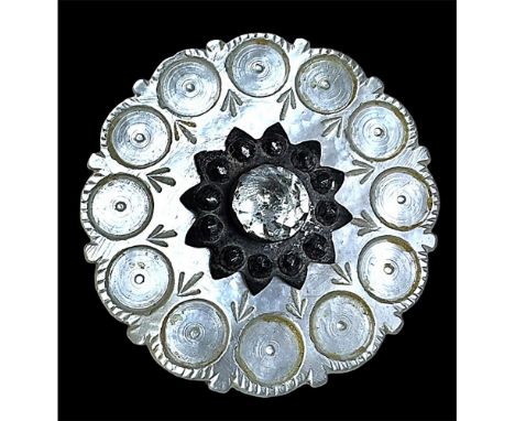 1 very large 18th C. pearl button with a silver &amp; paste pinshank. This exquisite and beautifully carved and engraved pear