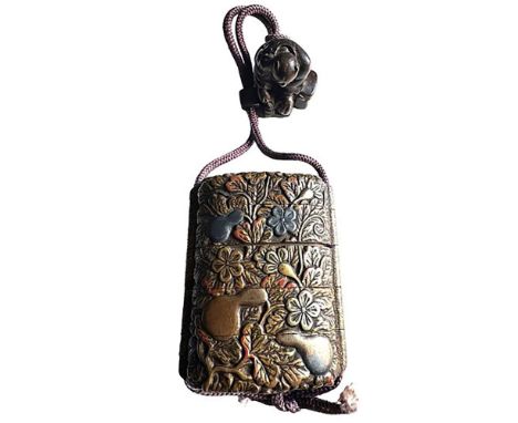 1 Lacquered 4 compartment Inro with a carved Netsuke of a man. This incredible condition Japanese Inro (an ornamental box wit