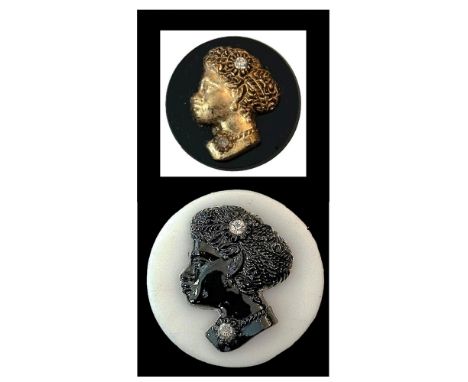 2 Large &amp; Medium 19th century black glass &amp; white glass buttons. Here we have two buttons with the same design. The l