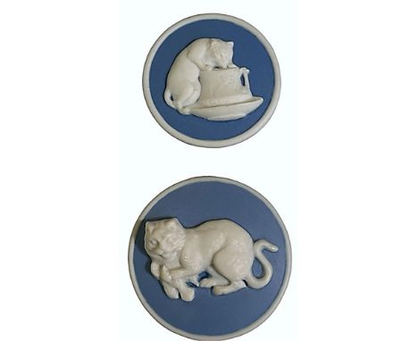 2 Large 20th century Rzanski/Shaw Jasperware buttons. This small card includes to detailed large blue background Jasperware d