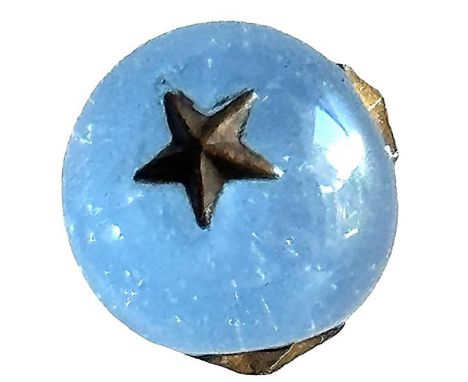 1 Small 19th century example of metal embedded glass buttons. Here is a cool blue opalescent translucent glass ball with seve