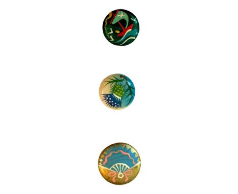 3 Small 20th century Casein button by Edith and Alan Brooks. These whimsical hand painted colorful buttons have certainly bee