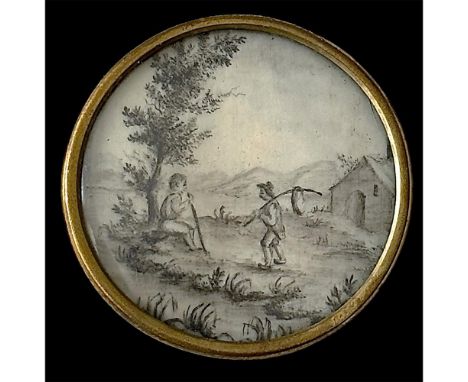 1 Large 18th C. Beautiful hand painted scene on natural material. This fabulous and detailed scene on a natural material disk