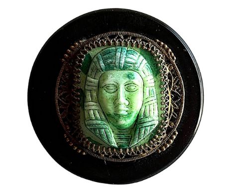 1 Extra large early 20th century Casein, glass &amp; brass head button. This is a wonderful molded green glass Egyptian head 