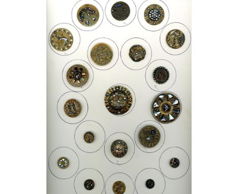 20 S/M/L 19th century buttons including pictorials. Here is a very nice card of beautiful brass and shiny cut and riveted ste
