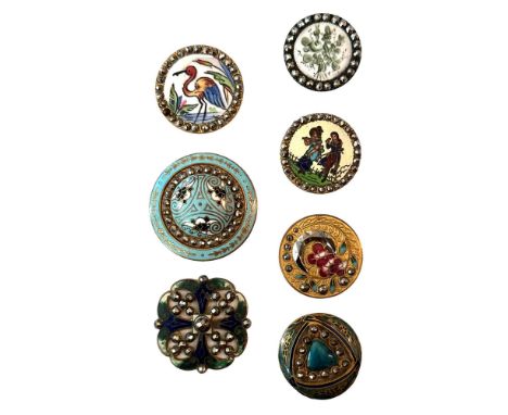 7 Medium &amp; large 19th century enamels including pictorial. This card includes a figural example with cut steel border, a 