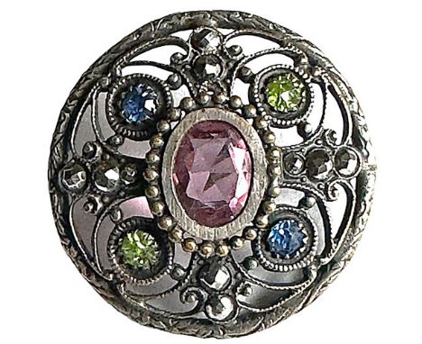 1 Large medium size 19th C. pierced ornate brass with colored jewels. This is a beautiful button of 19th century craftsmanshi