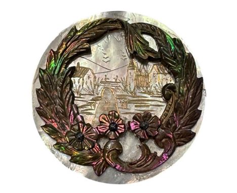 1 Large 19th century united pearl scene button. Here is another fantastic and detailed pearl button from the collection of th