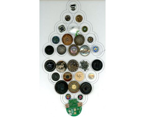 30 S/M/L 19th &amp; 20th century assorted subject matter buttons. This card is a compilation of an assortment of materials an