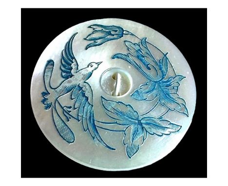 1 Large medium 19th century pearl with engraved bird. This very cool button is slightly domed to the center sew thru part, it