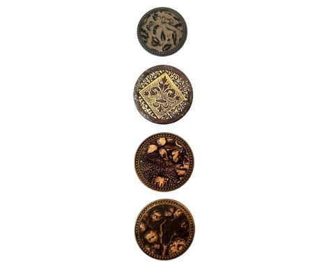 4 large 19th C. Paris backmarked buttons including pictorial. Each of these examples of embossed and dyed leather are set in 