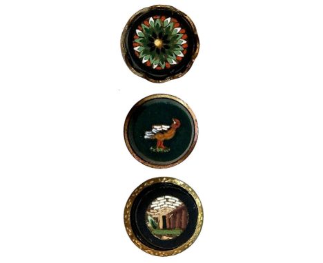 3 Small size 19th century micro mosaic buttons. This very nice lot includes a wonderful colorful bird example along with an a