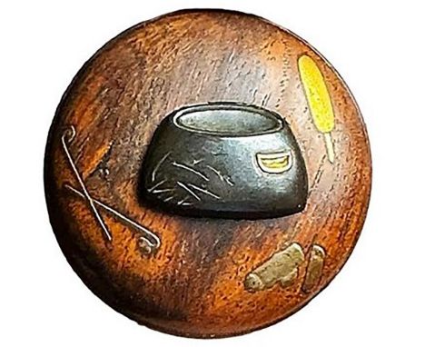 1 Large wood and Shakudo Japanese Netsuke-Manju. These round carved pieces from Japan known as a Manju or Kagamibuta in some 