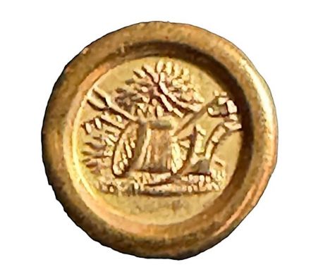 1 Small early 19th C. brass pictorial button of Garden Tools.. This cool pictorial button in brass is from the early 19th cen
