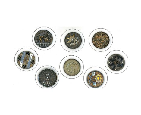 8 Large 19th century buttons including pictorials and more. This nice grouping includes enamel centers, wood backgrounds, cut