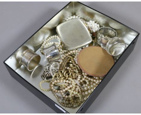 A tin of costume jewellery to include pearls, Vanity Fair compact, old cigarette case, gentlemens heavy yellow metal identity