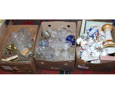 Two boxes of miscellaneous glass, drinking vessels, dressing table sets and fruit bowls along with a box of ceramic teawares 