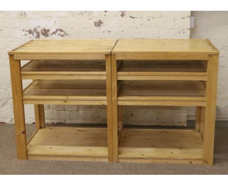 A wooden two part bench and shelf unit.