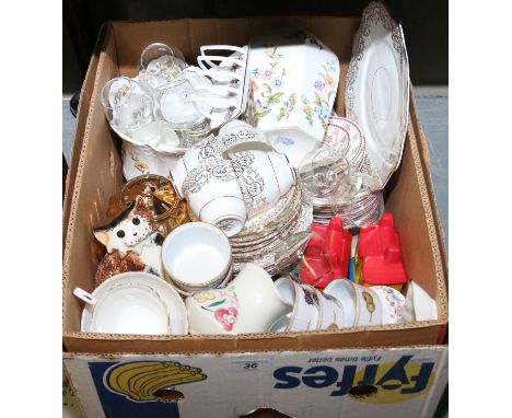 A good box of miscellaneous pottery, china and glass including Aynsley, Coalport, Wade, Royal Worcester and Royal Doulton etc
