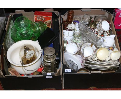 Two boxes of miscellaneous ceramics, glass and cutlery to include tea and commemorative wares, chamber pot, storm lantern, ur