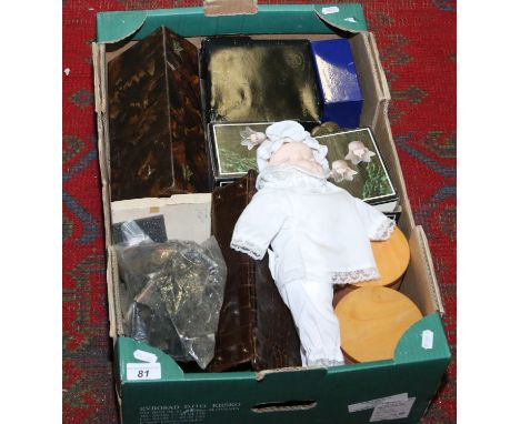 A box of collectables to include silver plate, an electric mantel clock, stair clips and boxed items.