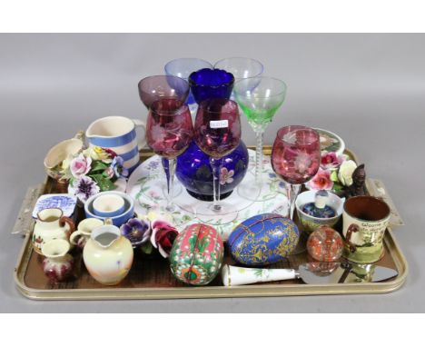 A tray lot of coloured glassware and ceramics to include Royal Worcester examples.