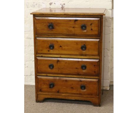 A pine four high chest of drawers raised on bracket feet.