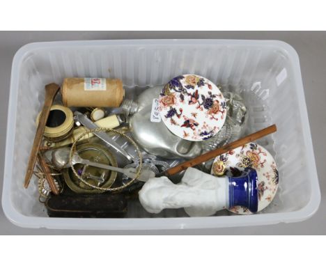 A box of collectables to include pewter hip flask, coins, costume jewellery and ceramic roundels. 