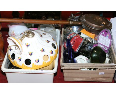 Two boxes of miscellaneous to include kitchenalia, mixed glasswares, blue and white, copper bed warmer and a hand painted cer