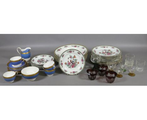 Twenty eight pieces of Whieldon dinner wares decorated with pheasants and flowers, along with a small collection of glassware