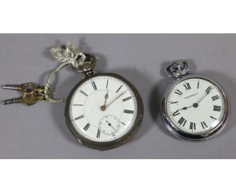 A silver cased pocket watch assayed Chester 1820 with enamel dial and second sweep finger and a chrome plated Ingersol pocket
