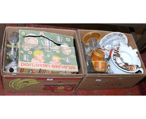 Two boxes of mixed china, glass and metalware to include Hornsea and Capodimonte style examples, along with light fittings an