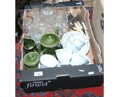 A box of miscellaneous glass, Polish teawares, cutlery and a china six place tea service.